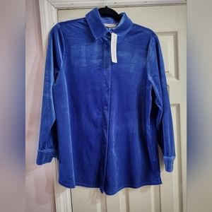 Soft Surroundings PM Petite Medium Textured Velvet Boyfriend Shirt Blue Shimmer